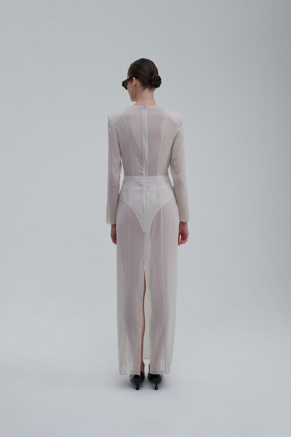 Underwear Application Dress in ivory sheer silk, back view with waist panel and back slit