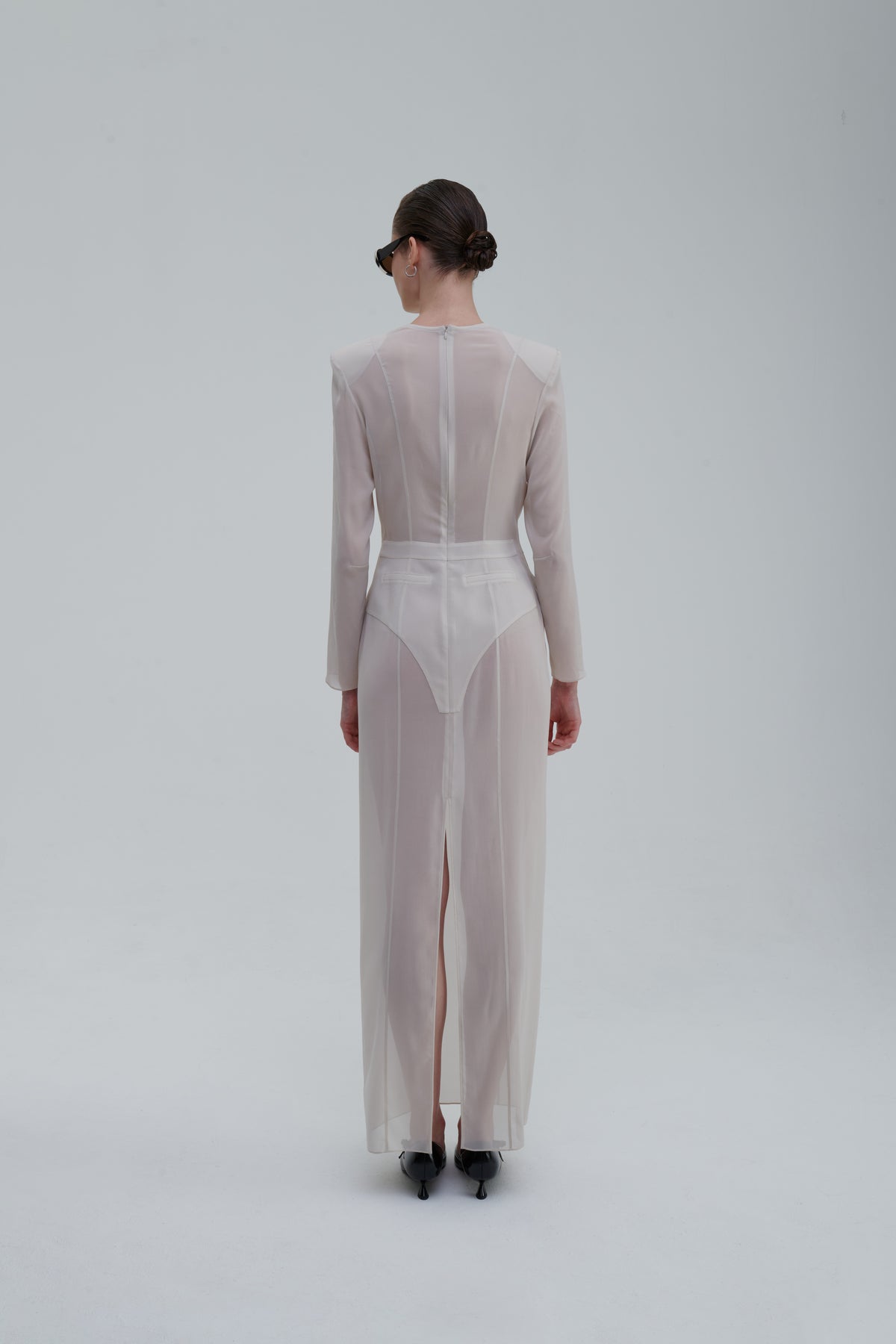 Underwear Application Dress in ivory sheer silk, back view with waist panel and back slit