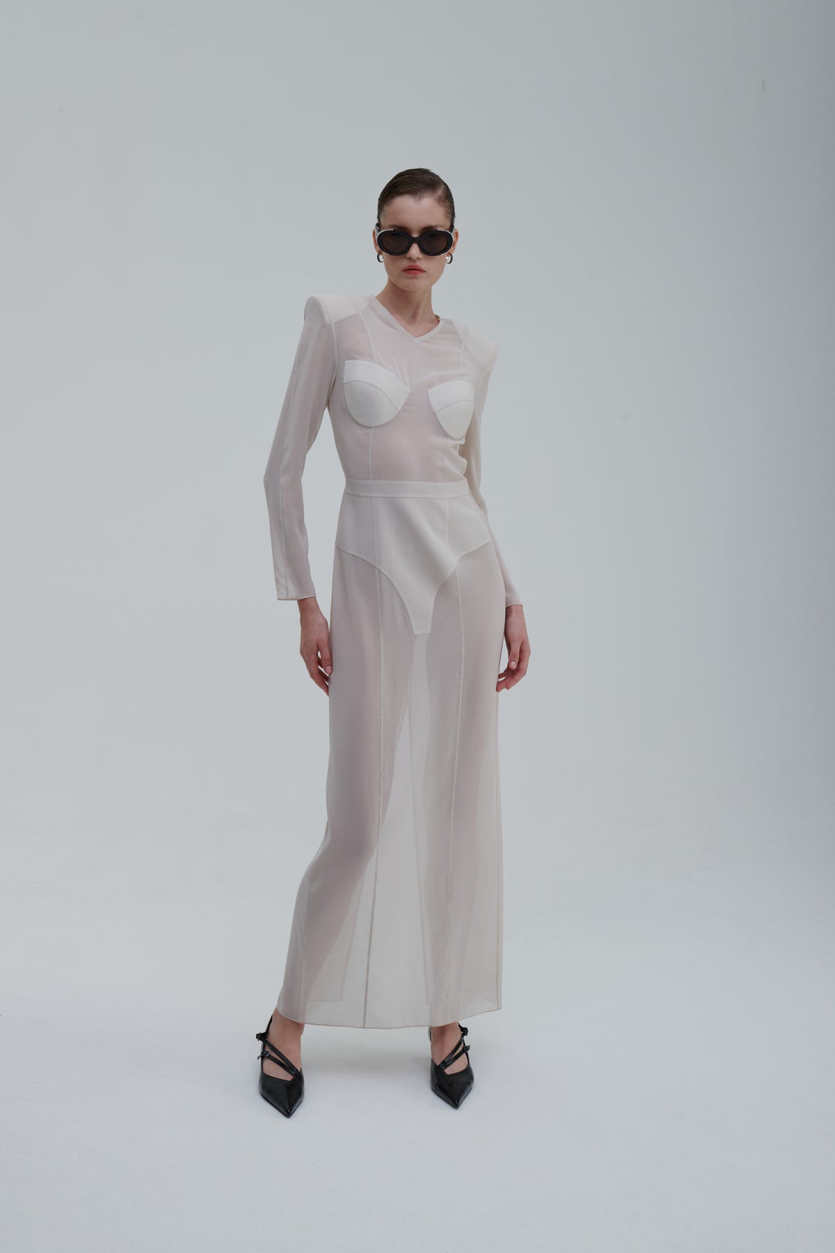 Underwear Application Dress in ivory sheer silk, three-quarter view, sheer maxi with structured cups