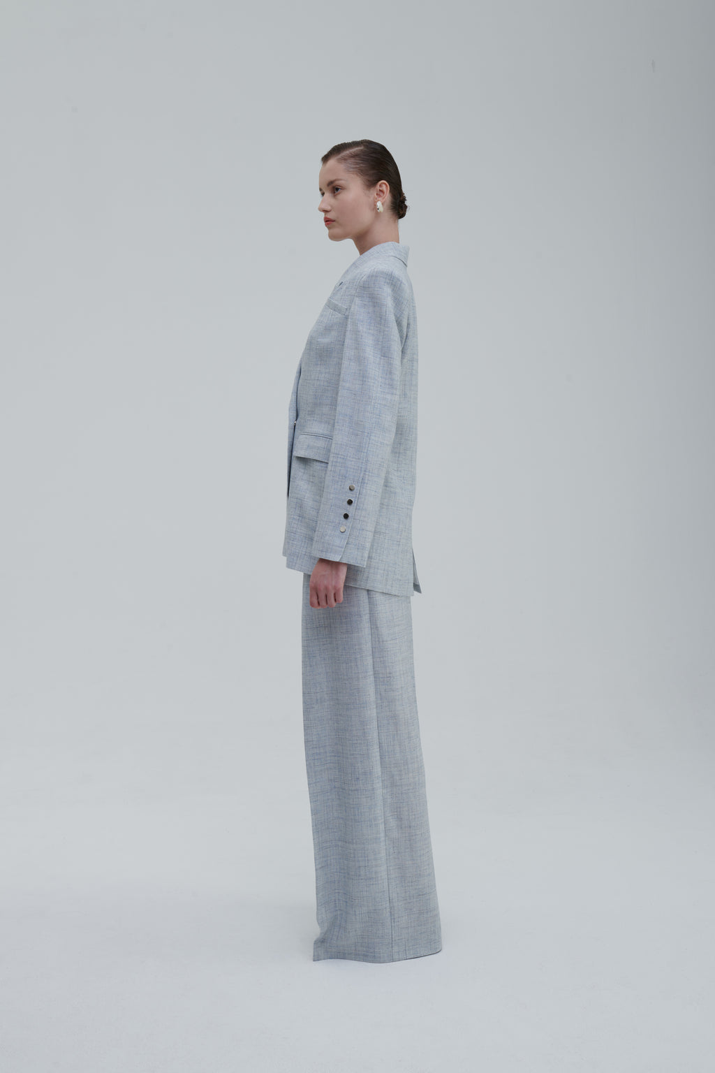 Melange lino wide trousers, tailored pleats, side view