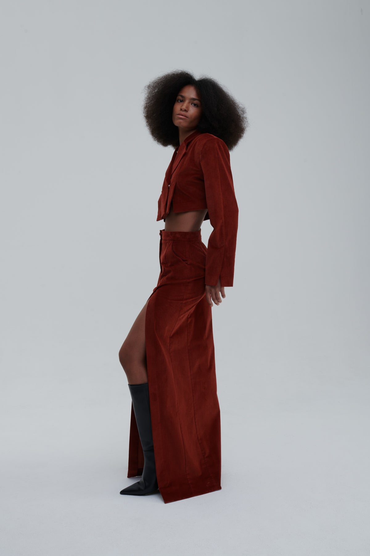 Cropped double-breasted velvet jacket, collar and button detail