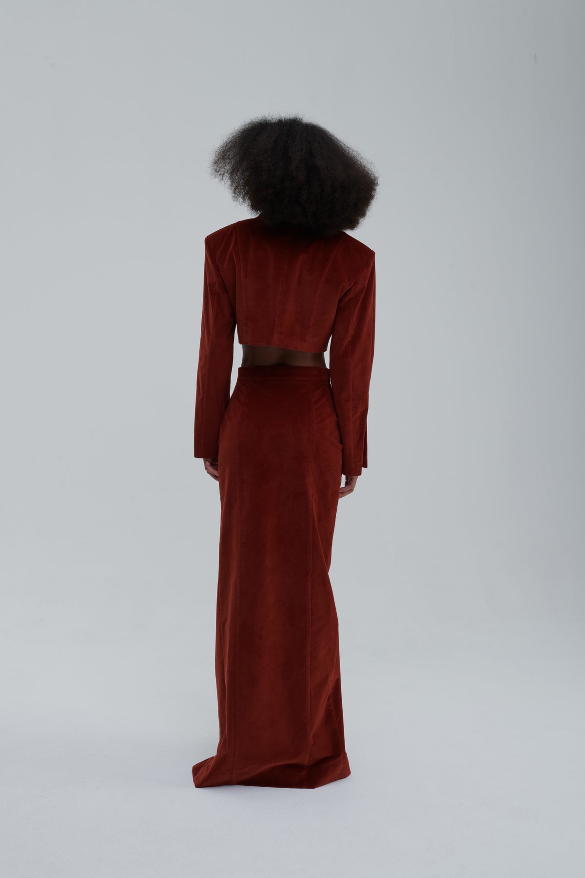 Cropped double-breasted velvet jacket, back model view