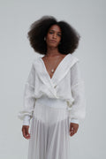 Half-body front detail, deep V neckline and crossover front in mesh