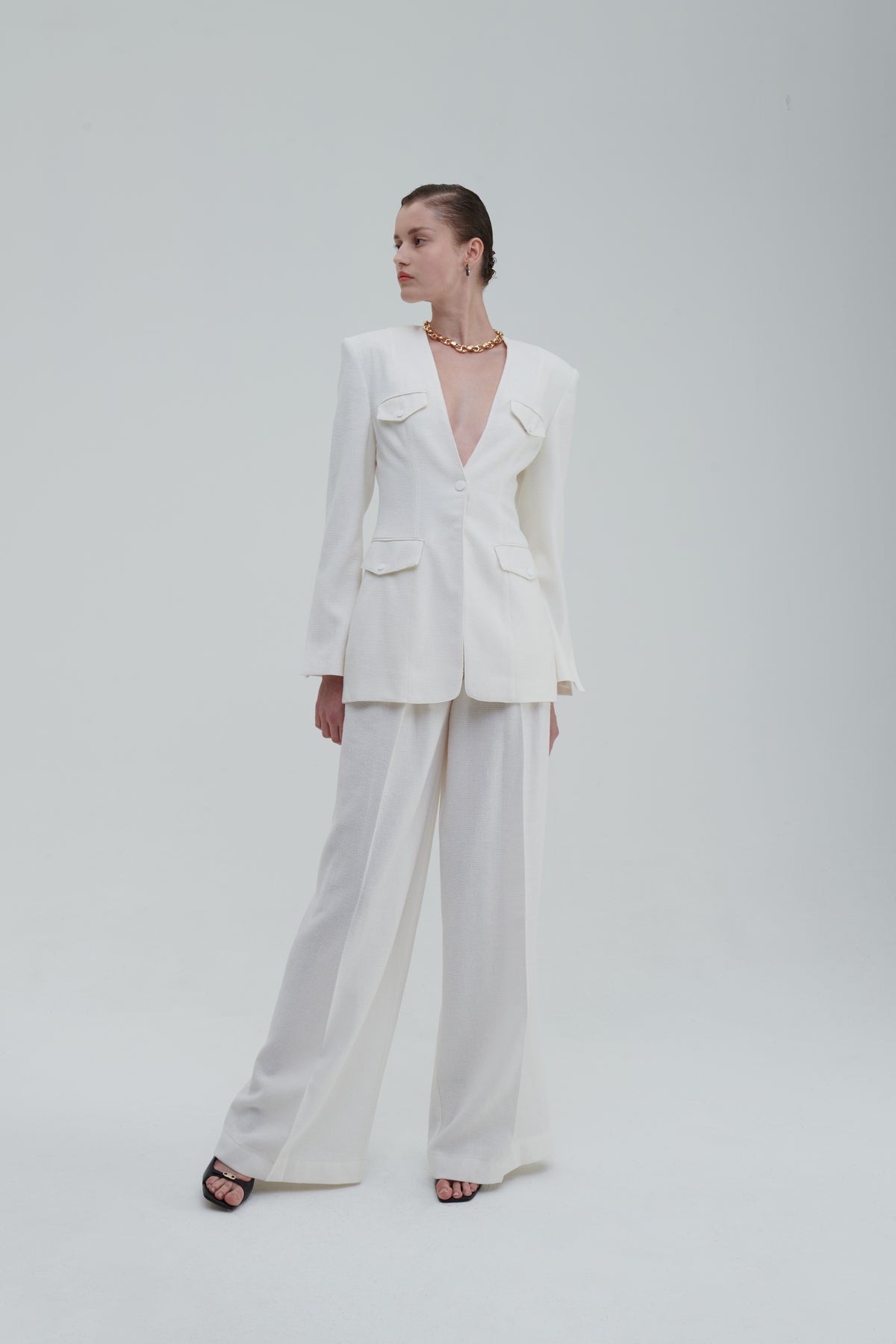 White classic palazzo trousers with matching blazer, front full-length view