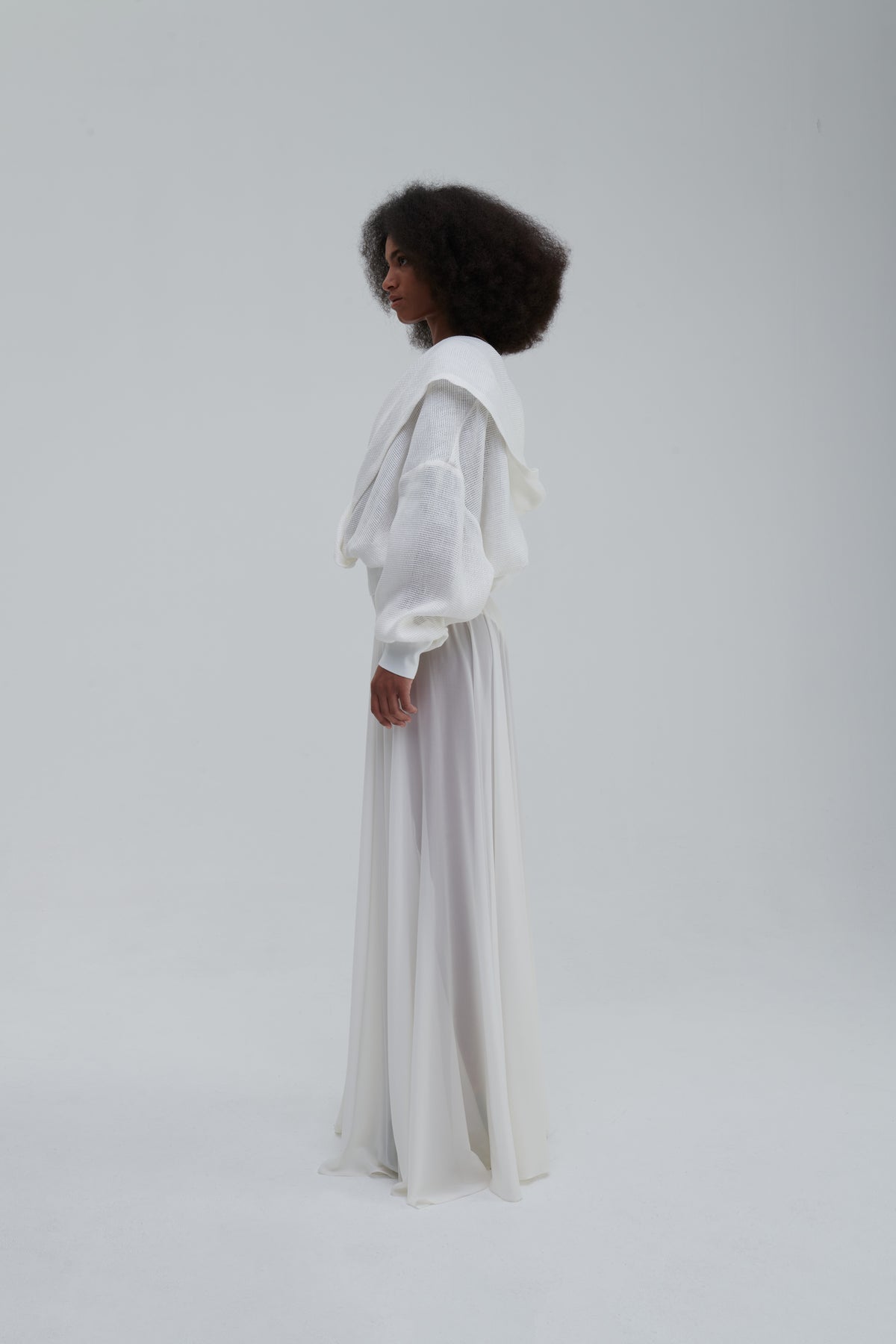 Side profile, draped mesh sleeves and hood, long skirt styling