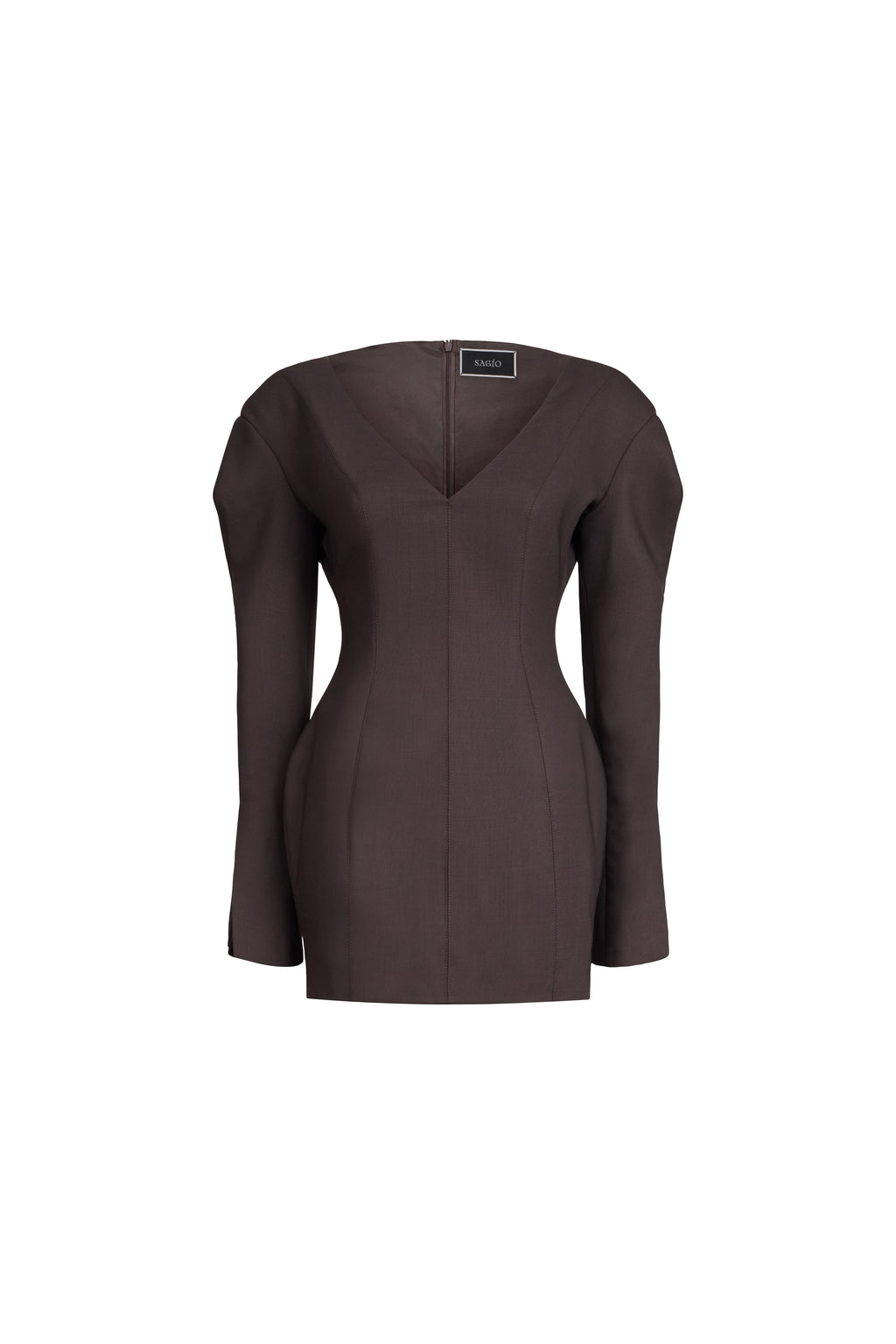 A dark brown long-sleeve mini dress with a V-neckline and structured shoulders, shown against a plain white background.