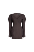 A dark brown long-sleeve mini dress with a V-neckline and structured shoulders, shown against a plain white background.