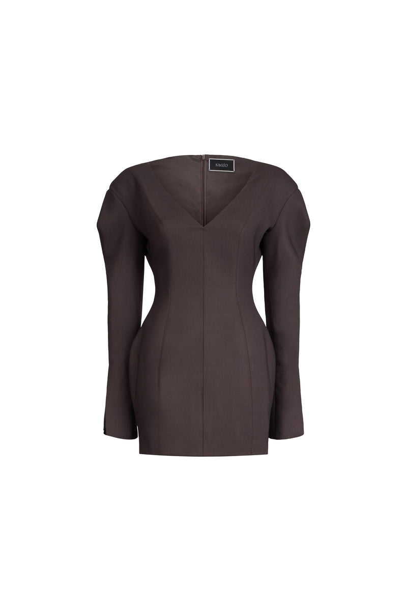 A dark brown long-sleeve mini dress with a V-neckline and structured shoulders, shown against a plain white background.