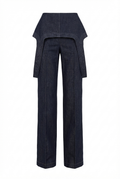 Dark blue high-waisted denim trousers three-quarter view on model