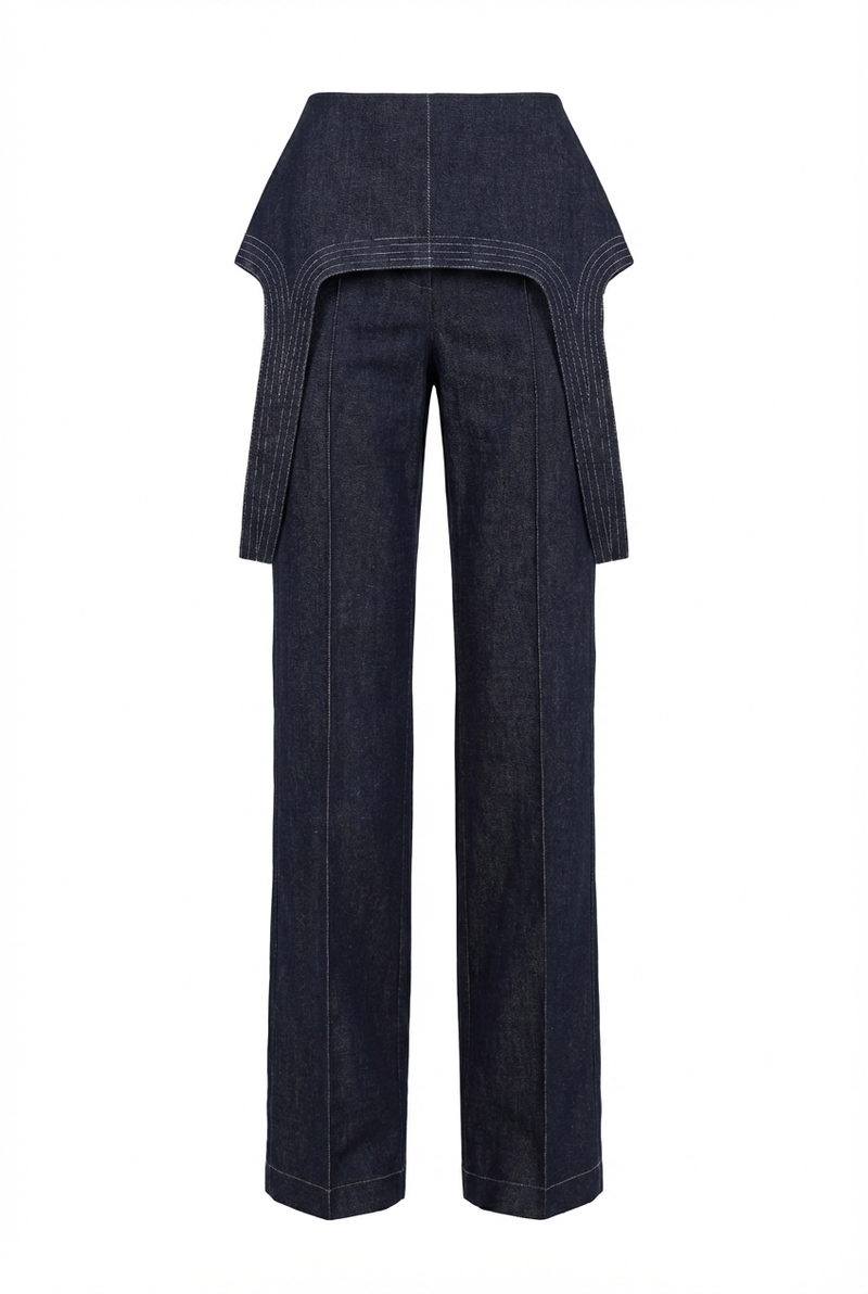 Dark blue high-waisted denim trousers three-quarter view on model