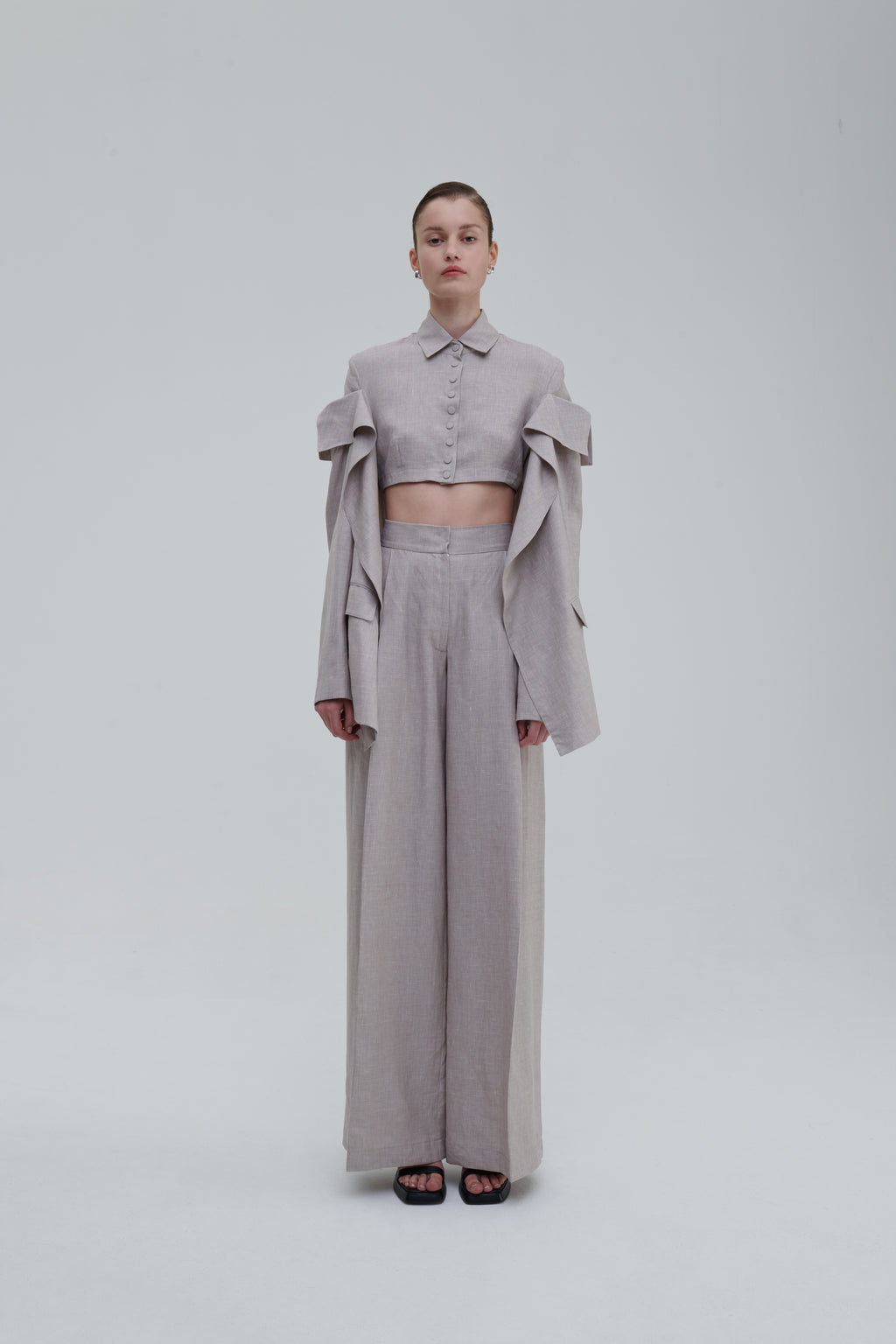 Classic Lino Trousers, beige linen, front view, high waist, wide-leg