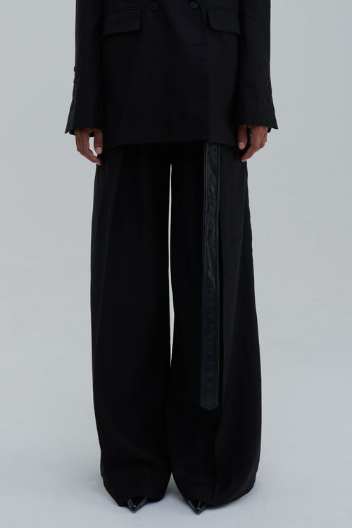 Black Classic Lino Trousers styled with blazer, full look