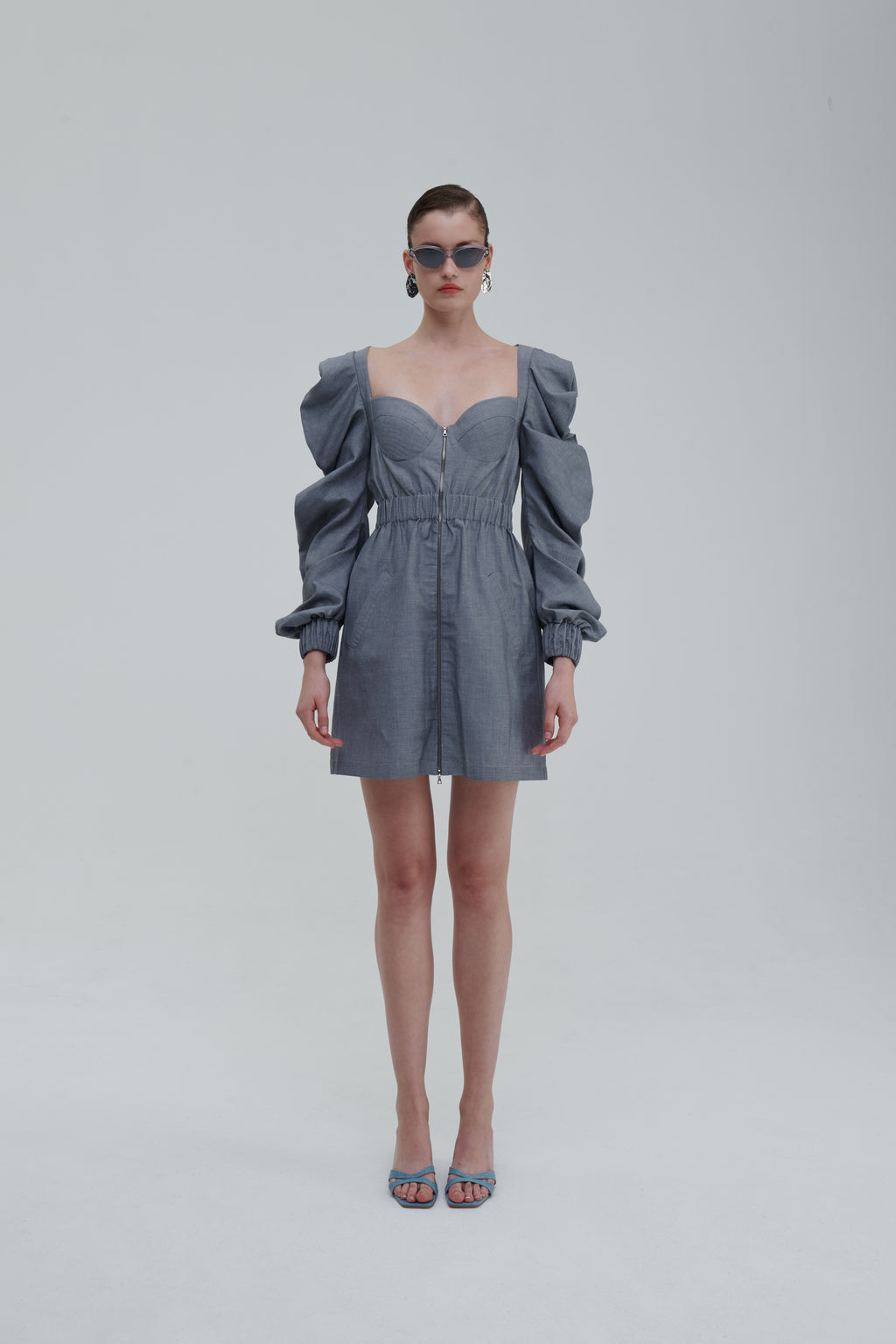 Medusa Parka Dress in grey linen, front view with zip closure and corset bust