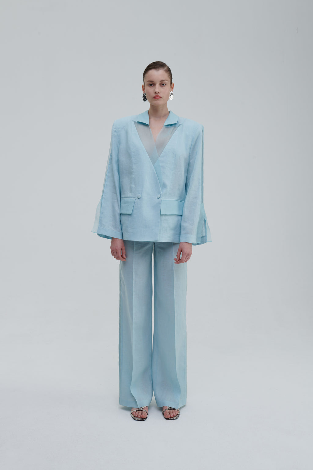 Light blue wide-leg trousers full look front view on model