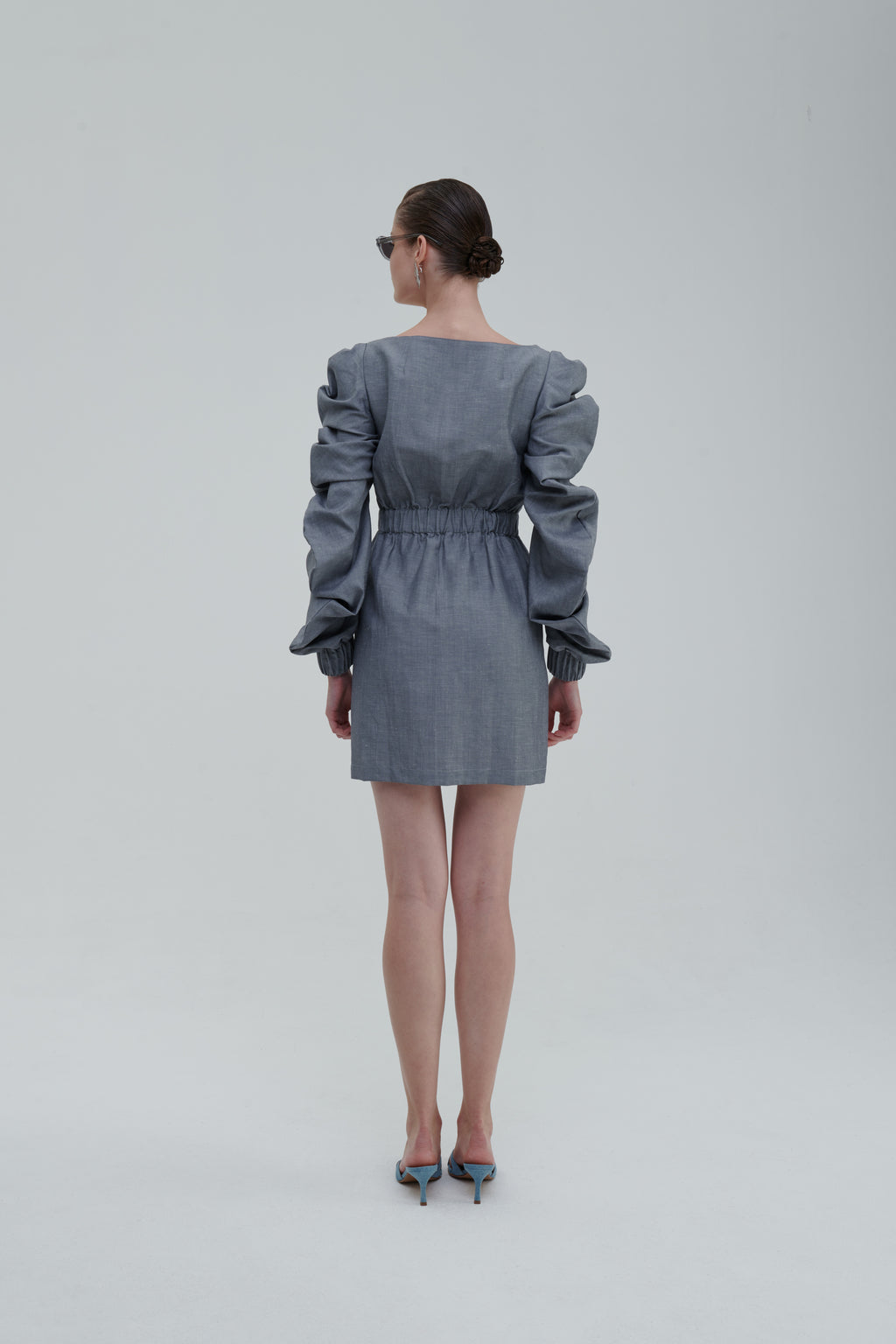 Medusa Parka Dress in grey linen, back view with ruched sleeves